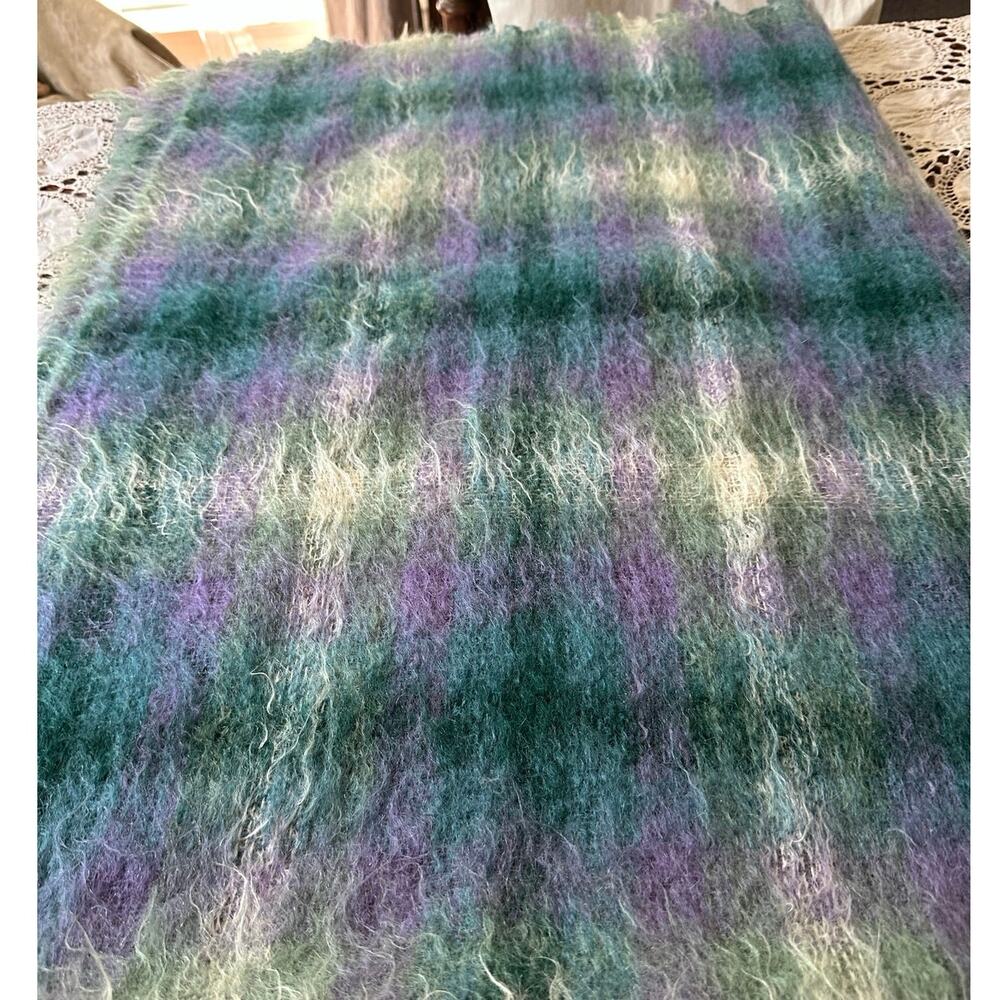 Vintage Neiman Marcus plaid mohair wool throw blanket purple green teal 68x44”